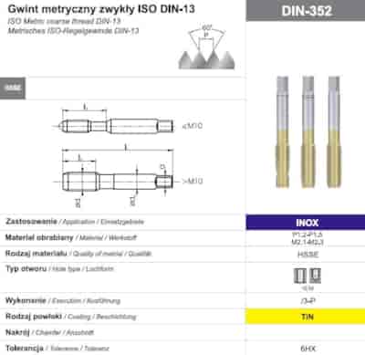 GWINTOWNIK M 4 NGMM/3-P DIN-352 (6HX) HSSE TIN INOX