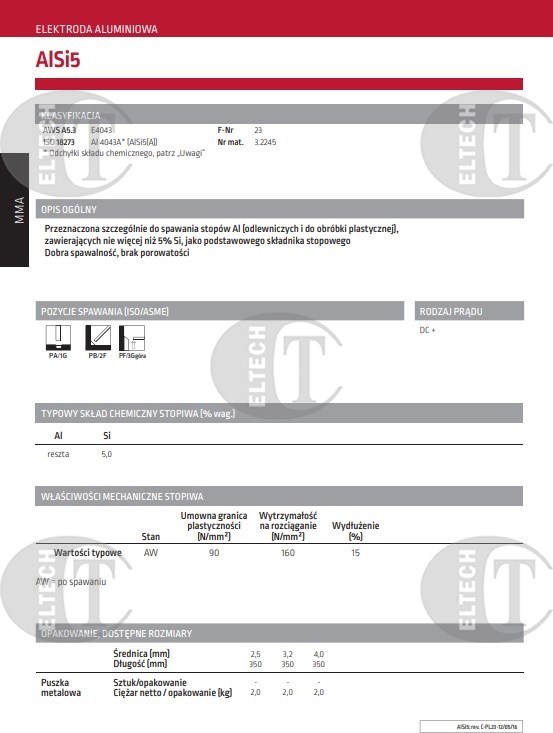 ELEKTRODA  AlSi  5  FI 3.2/2.0 /KARTON 2.0 KG/