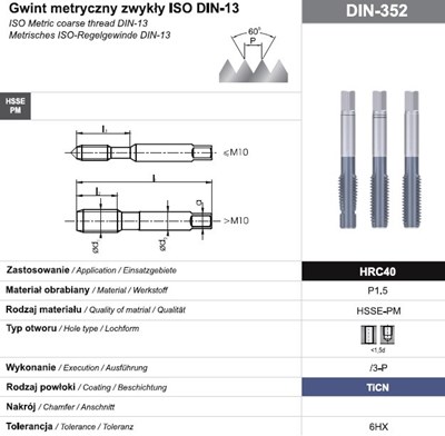 GWINTOWNIK M 4 NGMM/3-P DIN-352 (6HX) HSSE-PM TICN HRC40