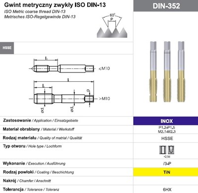 GWINTOWNIK M 6 NGMM/3-P DIN-352 (6HX) HSSE TIN INOX