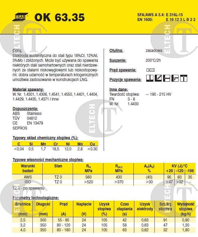 ELEKTRODA OK 63.35 3.2/1.7 /KARTON 5.1 KG/1/2 VP