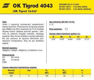 DRUT FI 1.60/1000 ALSI5 OK18.04 TIGROD 4043 ALU /2,5kg/