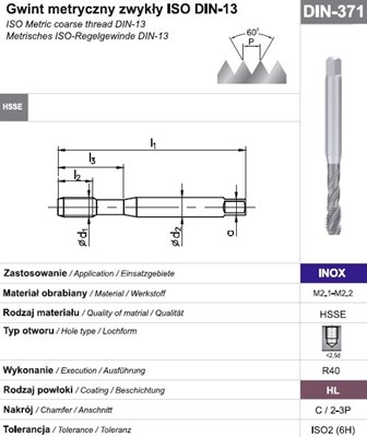 GWINTOWNIK M 5 DIN-371C R40 (6H) HSSE HL INOX