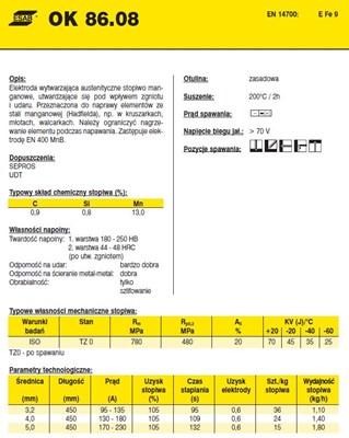 ELEKTRODA OK 86.08 3.20/2.4 /KARTON 14.4KG/ / OK 13 Mn /