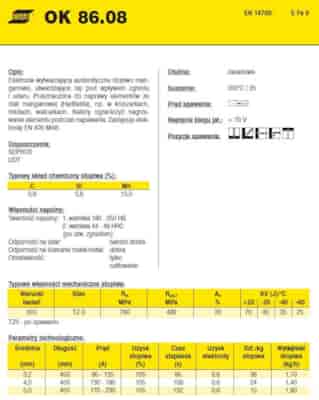 ELEKTRODA OK 86.08 3.20/2.4 /KARTON 14.4KG/ / OK 13 Mn /