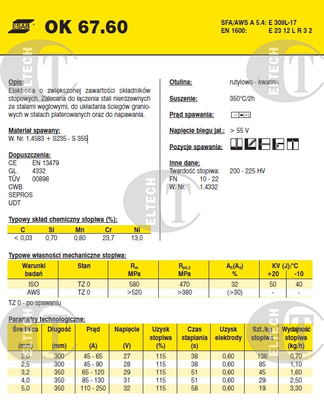 ELEKTRODA OK 67.60 3.20/4.3 /KARTON 12.9KG/