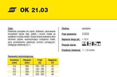 ELEKTRODA OK 21.03 3.20/3.5 /KARTON 10.5 KG/ / OK GPC /