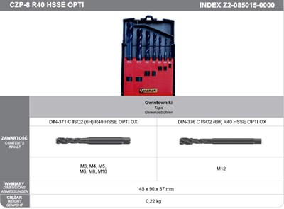 GWINTOWNIKI ZESTAW M3-M12 DIN-371C/DIN-376C R40 (6H) HSSE CZP-8 OPTI