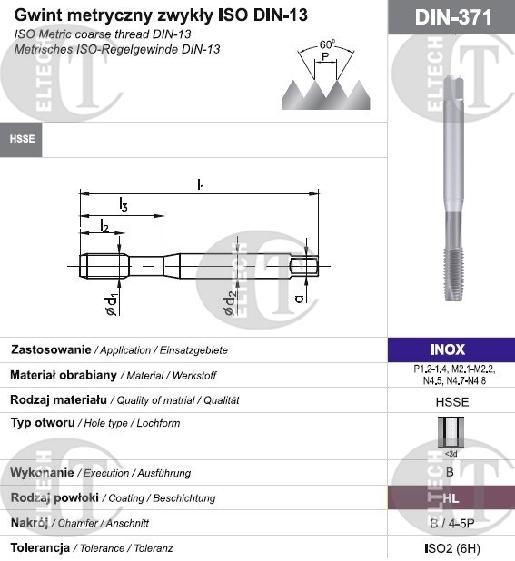 GWINTOWNIK M 4 DIN-371B (6H) HSSE HL INOX