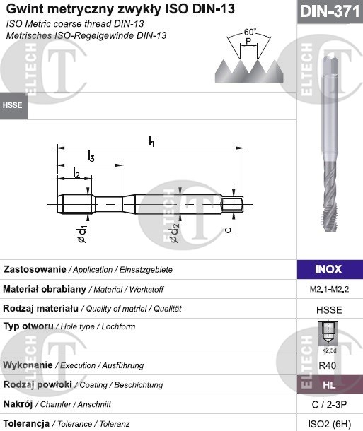 GWINTOWNIK M 4 DIN-371C R40 (6H) HSSE HL INOX