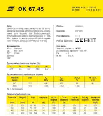 ELEKTRODA OK 67.45 5.00/1.6 /KARTON 9.6KG/ /ES-18-8-6B/ VP
