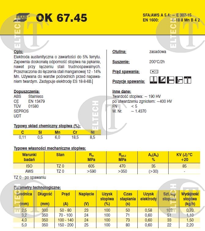 ELEKTRODA OK 67.45 5.00/1.6 /KARTON 9.6KG/ /ES-18-8-6B/ VP