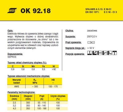 ELEKTRODA OK 92.18 4,00/2,3 /KARTON 13.8 KG/