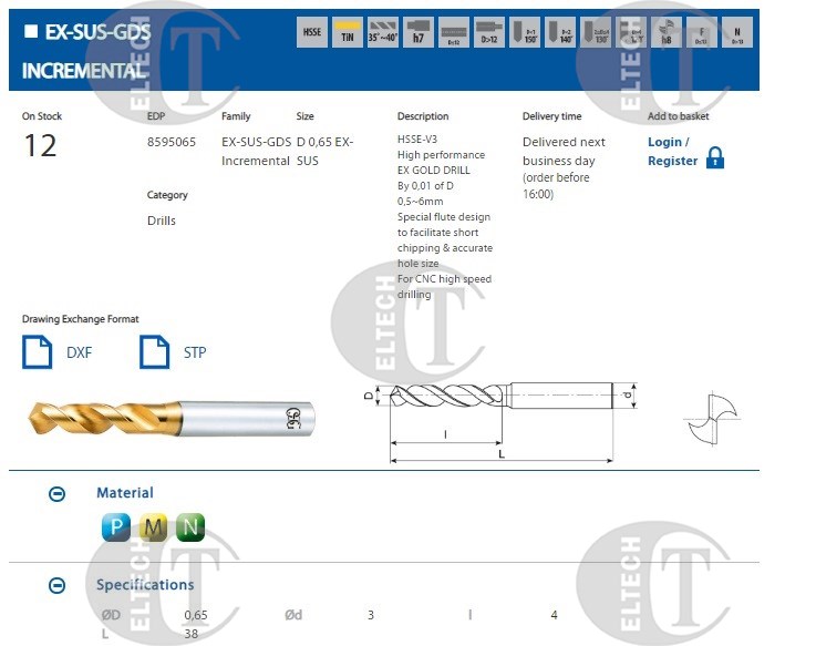 WIERTLO FI  0,65   4/38MM HSSE TIN SZL. EX-SUS-GDS