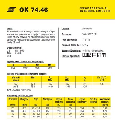 ELEKTRODA OK 74.46 3.20/1.7 /KARTON  10.20KG/ VP