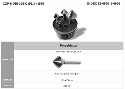 ZESTAW POGLEBIACZY STOZKOWYCH CZP-6 DIN-335-C 6.3-25 90* HSSE TICN