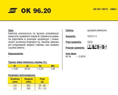 ELEKTRODA OK ALMn1 3.25/2.0 ALU /KARTON 8.0 KG/ VP