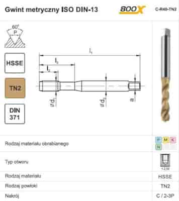GWINTOWNIK M 8 DIN-371C R40 (6H) HSSE TN 800X