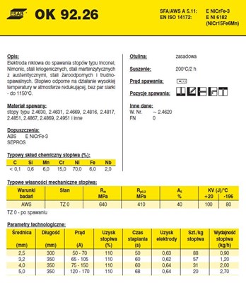 ELEKTRODA OK 92.26 2.50/0.7 VP /KARTON 4.2KG/  NICRFE-3