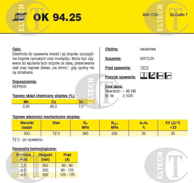 ELEKTRODA OK 94.25 4.00/2.6 /KARTON 15.6 KG/ VP