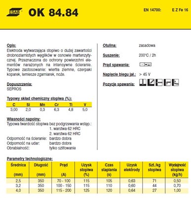 ELEKTRODA OK 84.84 4.00/4.2 /KARTON 12.6KG/ / OK WEARTRODE 62 /