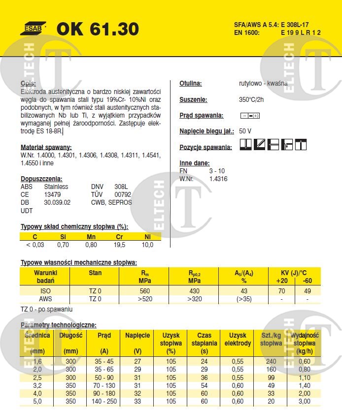 ELEKTRODA 308L FI 2.00/0.6KG  OK 61.30 /KARTON 3,6 KG/