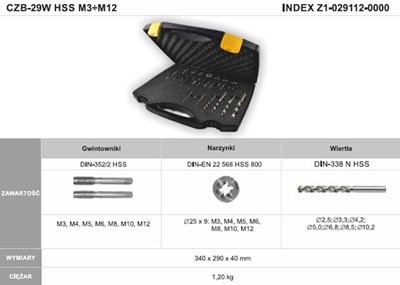 ZESTAW NARZEDZI DO GWINTOWANIA M3-M12 HSS CZB-29W