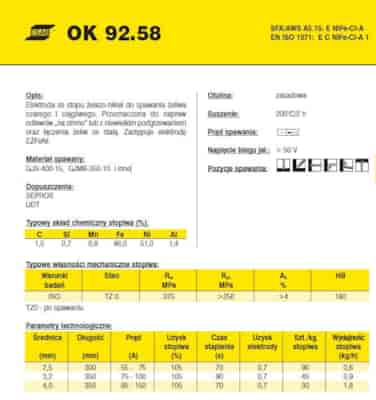 ELEKTRODA OK 92.58 2.50/0.7 /KARTON 4.2 KG/ / EZFNi / VP