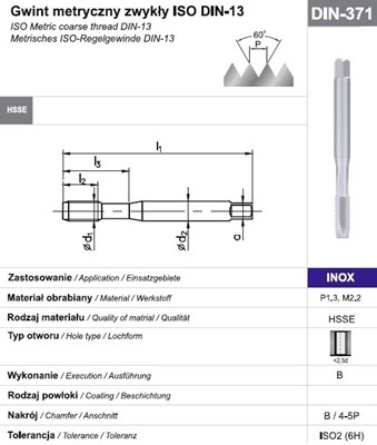 GWINTOWNIK M 3 DIN-371B (6H) HSSE INOX