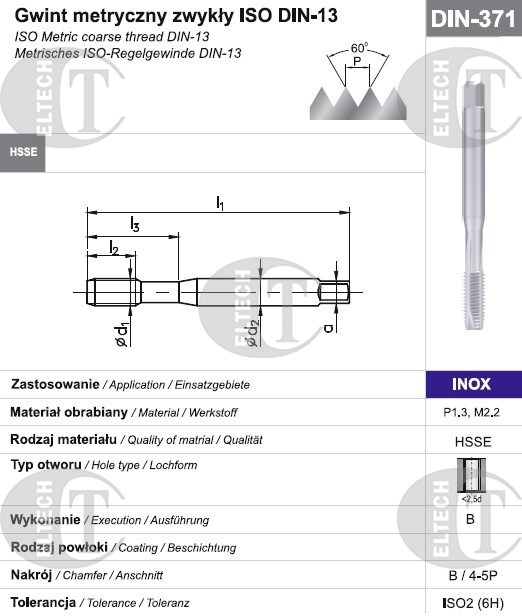 GWINTOWNIK M 3 DIN-371B (6H) HSSE INOX