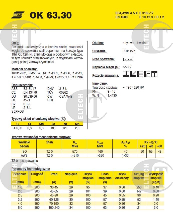 ELEKTRODA 316L FI 3.20/1.7 OK 63.30 /KARTON 5.1 KG/ VP