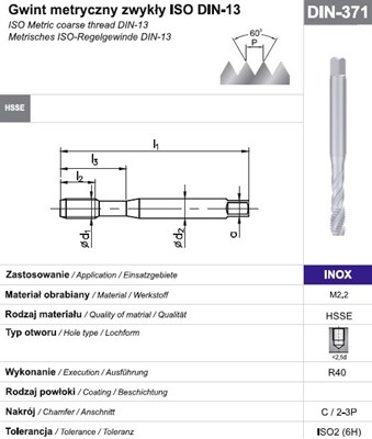 GWINTOWNIK M 4 DIN-371C R40 (6H) HSSE INOX