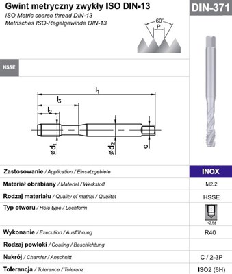 GWINTOWNIK M 6 DIN-371C R40 (6H) HSSE INOX
