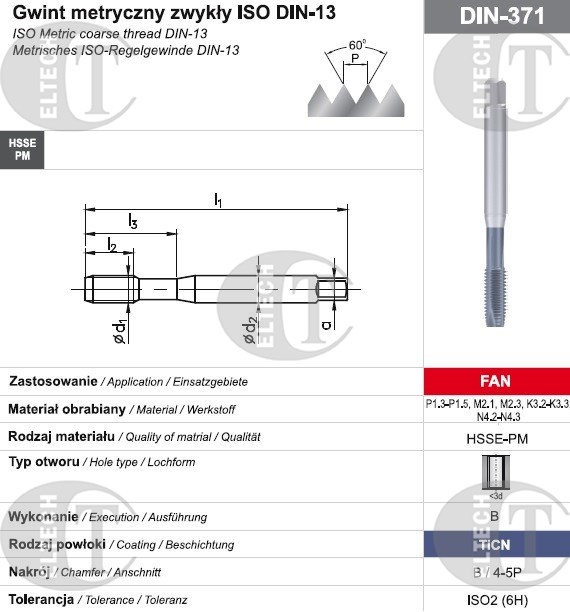 GWINTOWNIK M 5 DIN-371B (6H) HSSE-PM TICN FAN