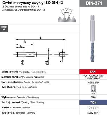 GWINTOWNIK M 6 DIN-371C R40 (6H) HSSE-PM TICN FAN