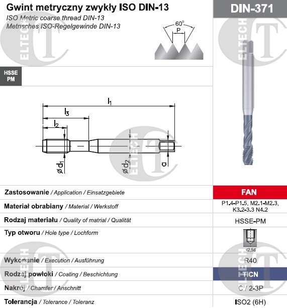 GWINTOWNIK M 6 DIN-371C R40 (6H) HSSE-PM TICN FAN