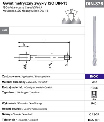GWINTOWNIK M12 DIN-376C R40 (6H) HSSE INOX