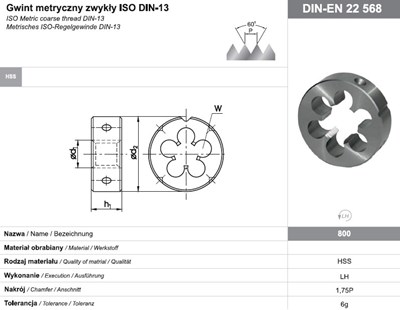 NARZYNKA M 6 DIN-22568 LH (6g) HSS 800