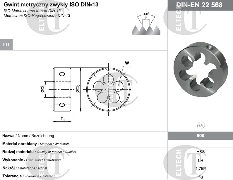 NARZYNKA M12 DIN-22568 LH (6g) HSS 800