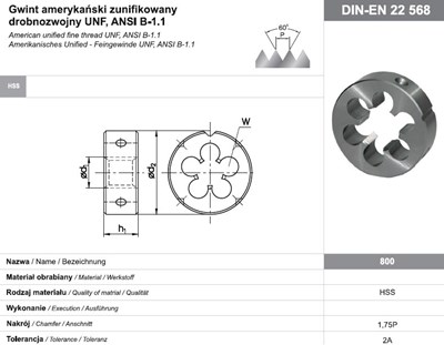 NARZYNKA UNF  7/16-20 DIN-22568 (2A) HSS 800