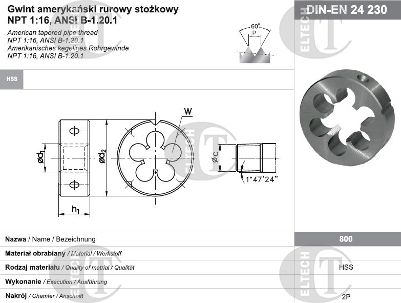 NARZYNKA NPT  3/8 -18 DIN-24230 HSS 800