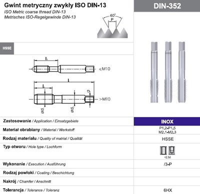 GWINTOWNIK M 4 NGMM/3-P DIN-352 (6HX) HSSE INOX