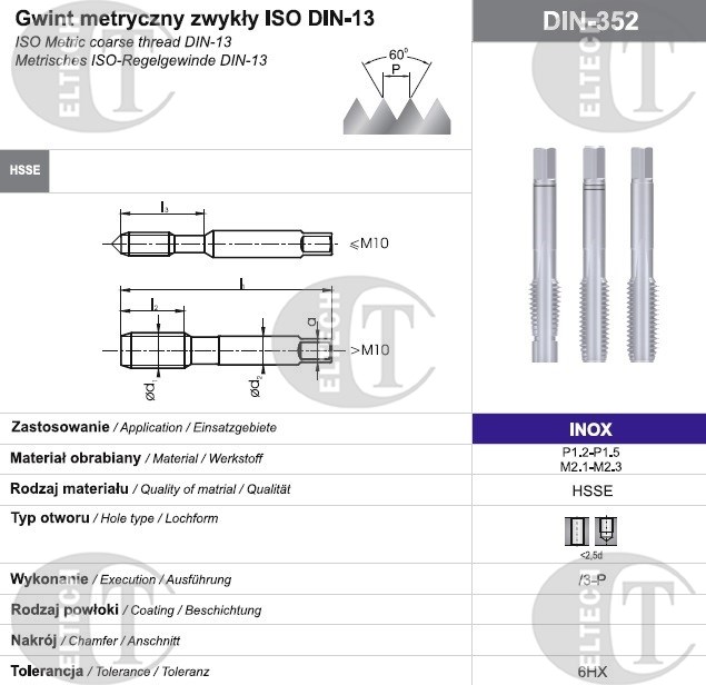 GWINTOWNIK M10 NGMM/3-P DIN-352 (6HX) HSSE INOX