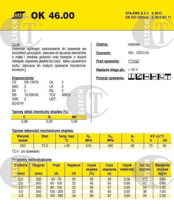 ELEKTRODA OK 46.00 1.60/2.0 /KARTON 12.0 KG/